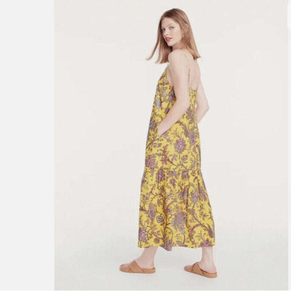 J. Crew Tiered Poplin Floral Maxi Dress in Golden Paisley Loose Fit Yellow